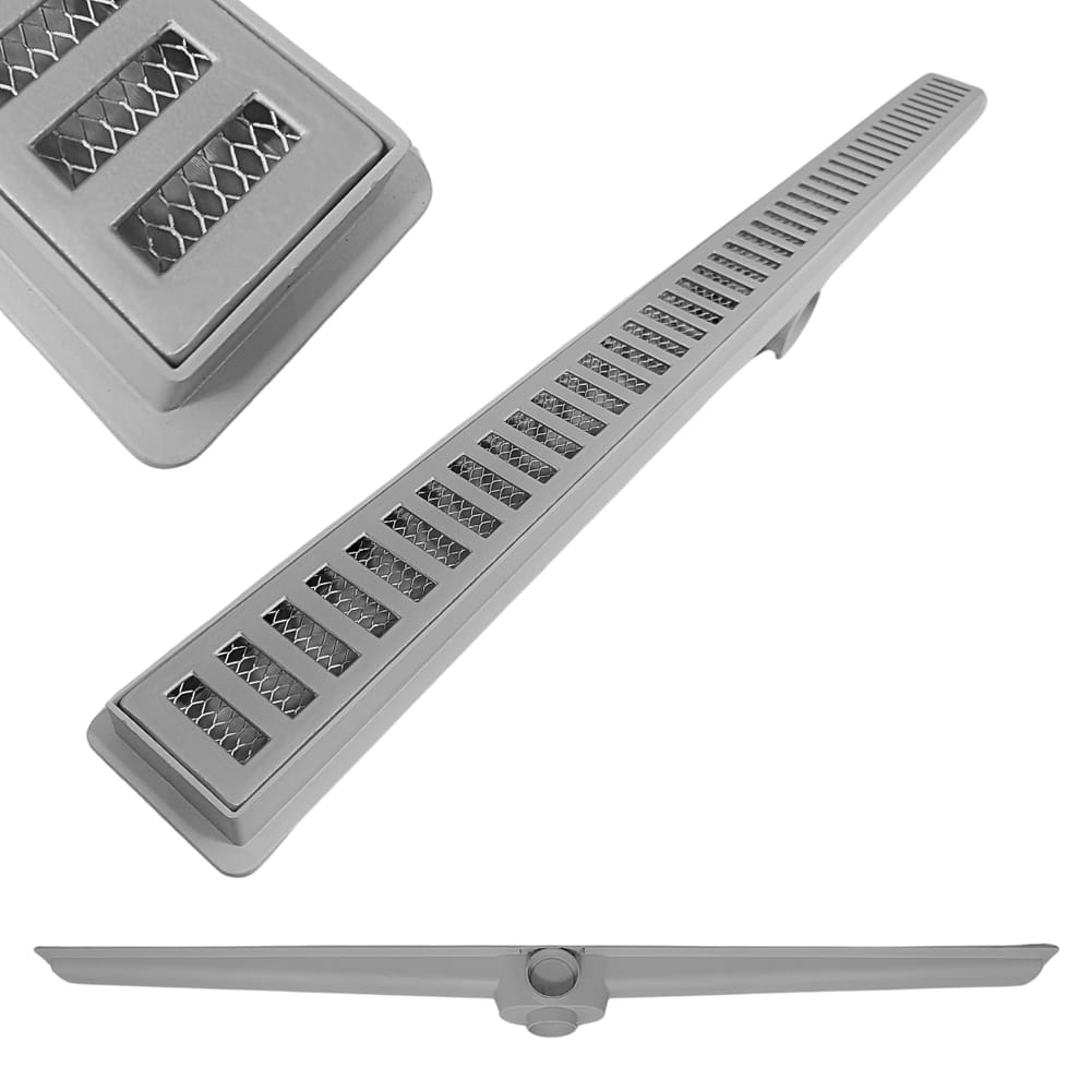 Ralo Linear Cinza 50cm x 5cm Alumínio Vazado com Coletor Cinza Saídas 40mm com Tela (5cm x 51cm)