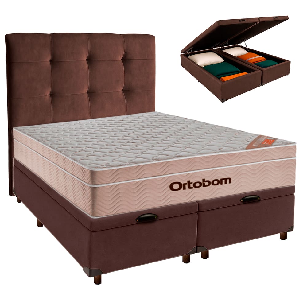 Cama Box Bau + Colchão Queen Ortobom Molas Ensacadas Airtech + Cabeceira Estofada