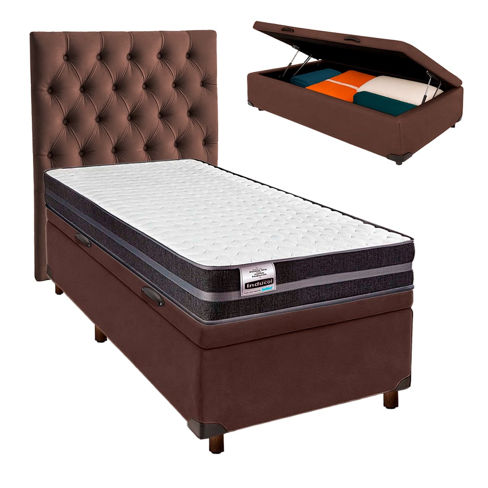Cama Box Bau + Colchão Solteiro Molas Ultralastic Bogota Inducol + Cabeceira Estofada