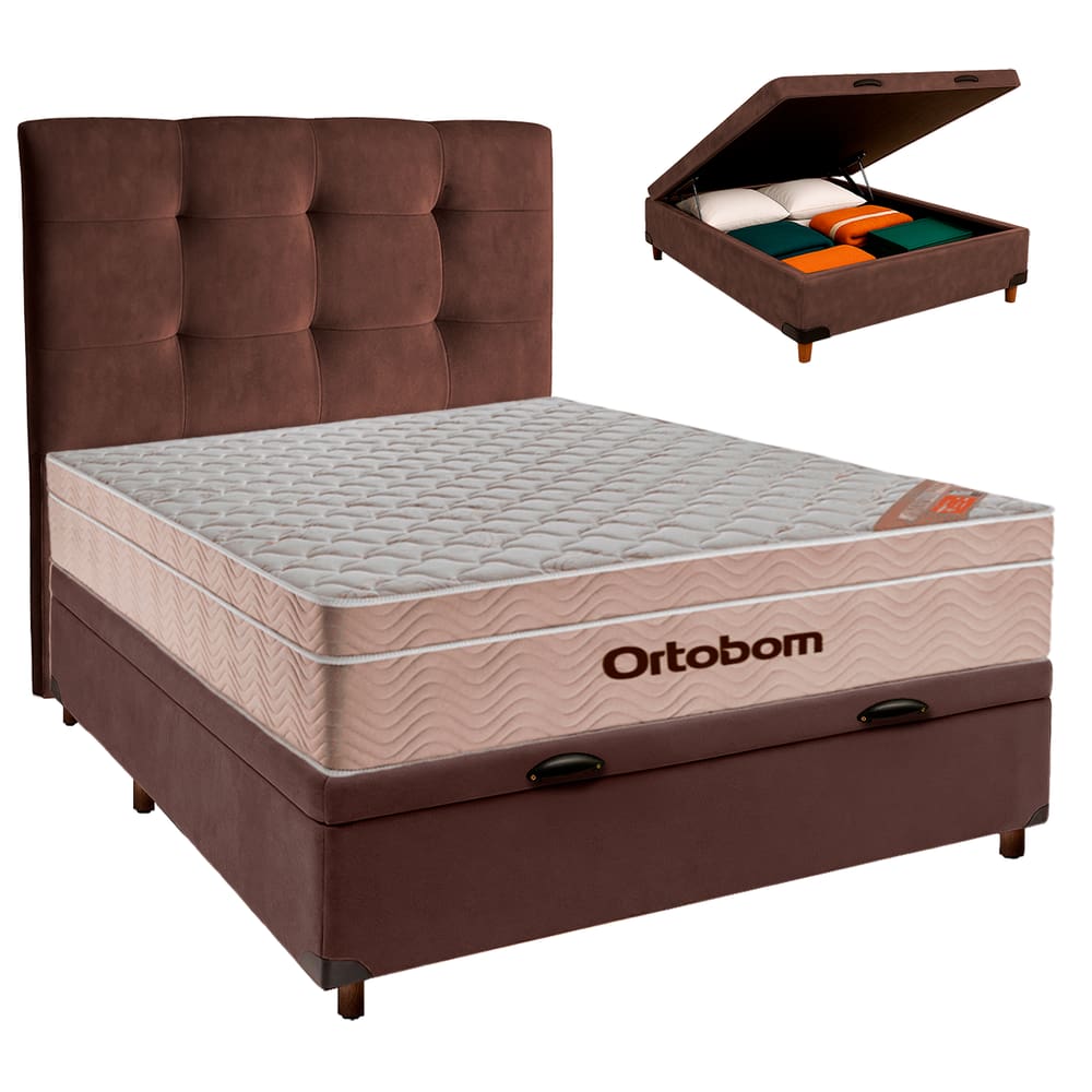 Kit Cama Box Bau + Cabeceira + Colchão Casal Molas Ensacadas - Airtech - Ortobom