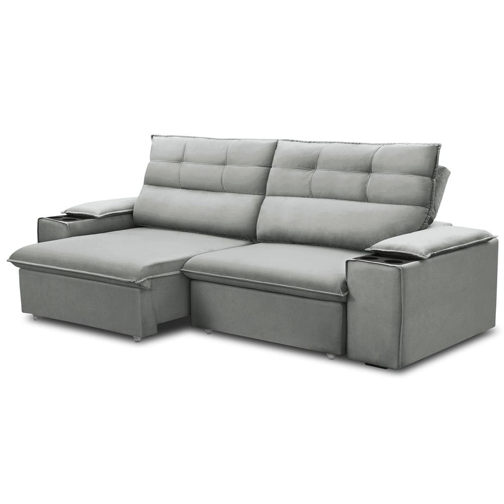 Sofá Retrátil Reclinável Para Sala 3 Lugares 205cm Gordon F04 Veludo Cinza Claro - Lyam Decor