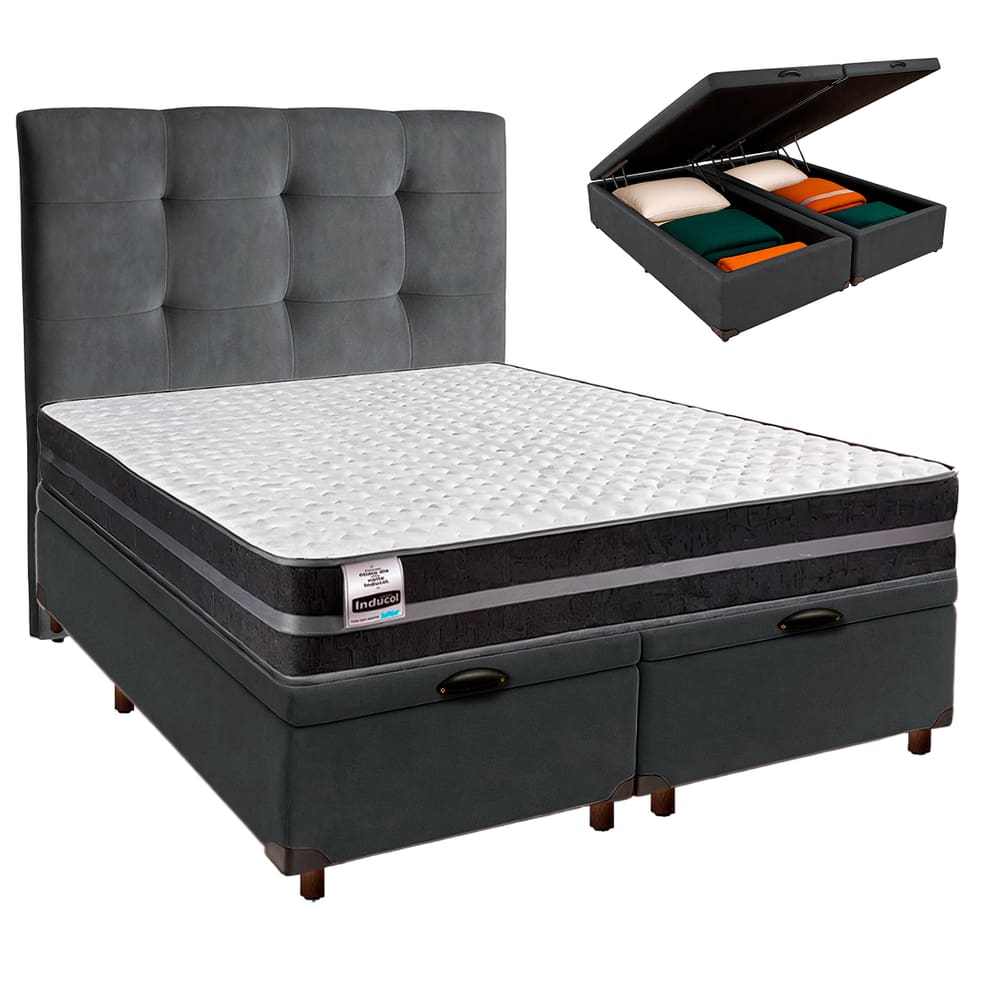 Conjunto Cama Box Bau Blindado Queen + Colchão Molas Ultralastic Bogota Inducol + Cabeceira