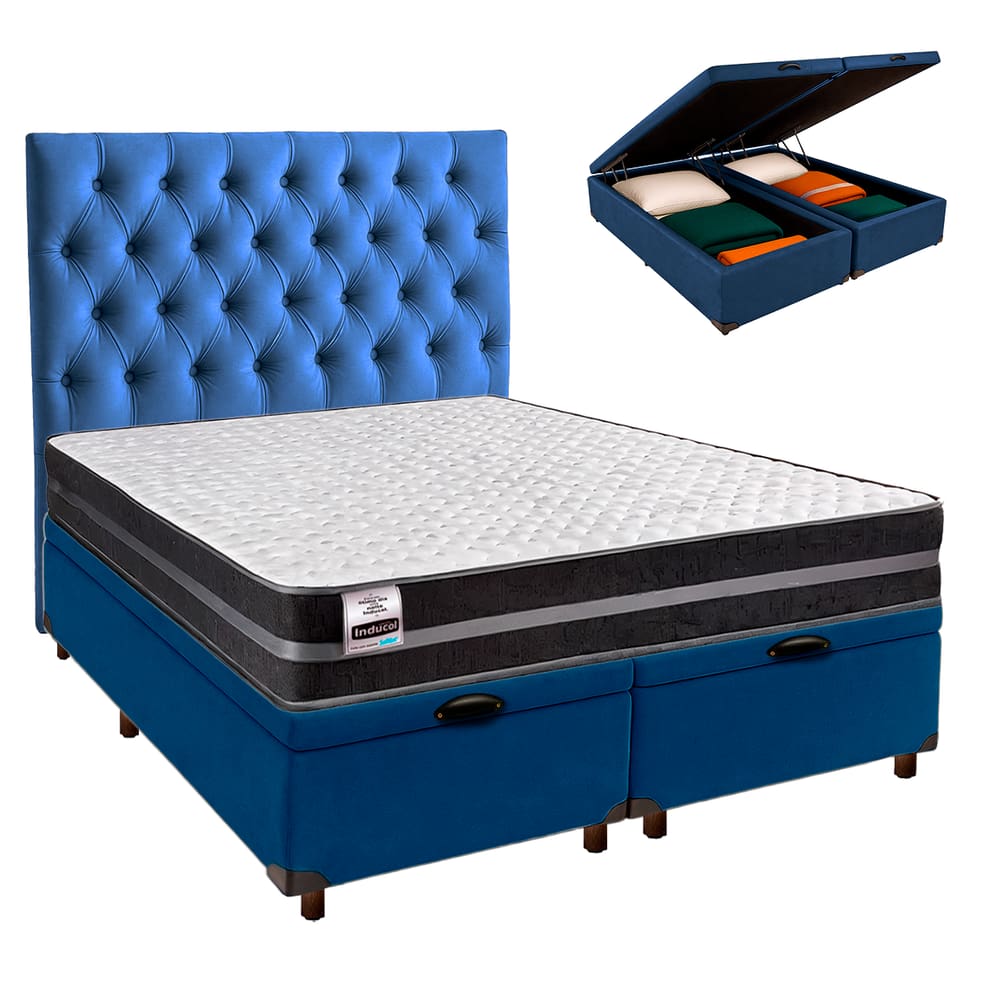 Cama Box Bau + Colchão Queen Molas Ultralastic Bogota Inducol + Cabeceira Estofada