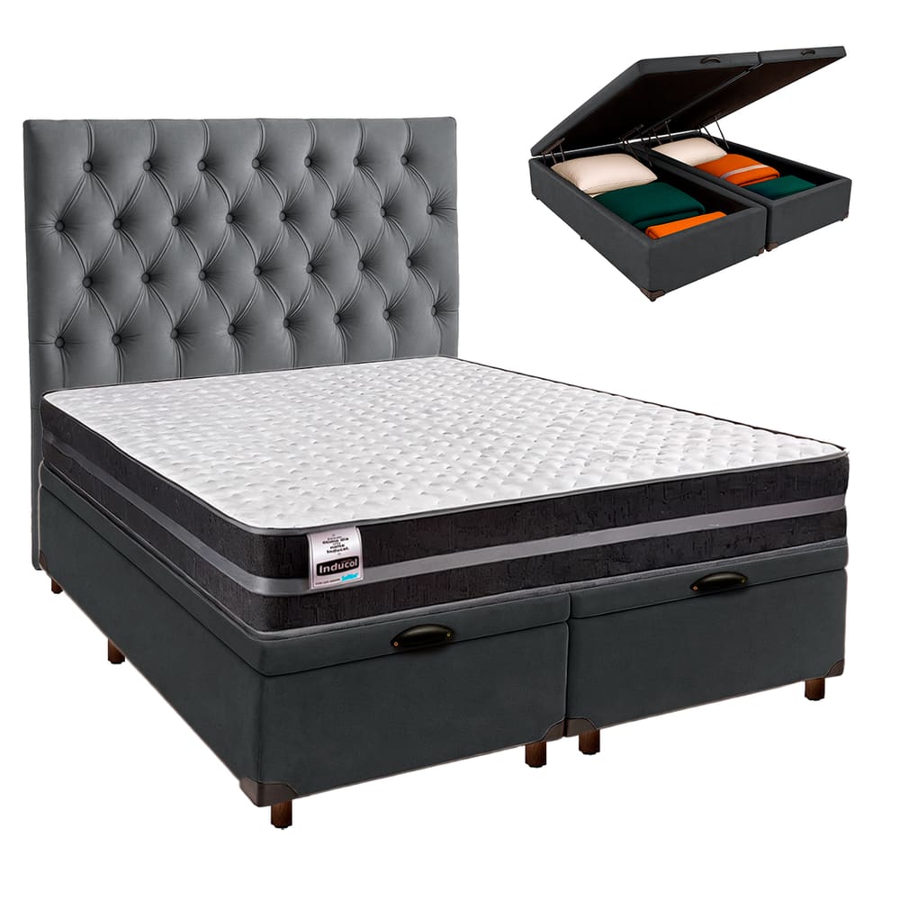 Cama + Bau Blindado e Colchão Molas Ultralastic Queen - Bogota Inducol + Cabeceira