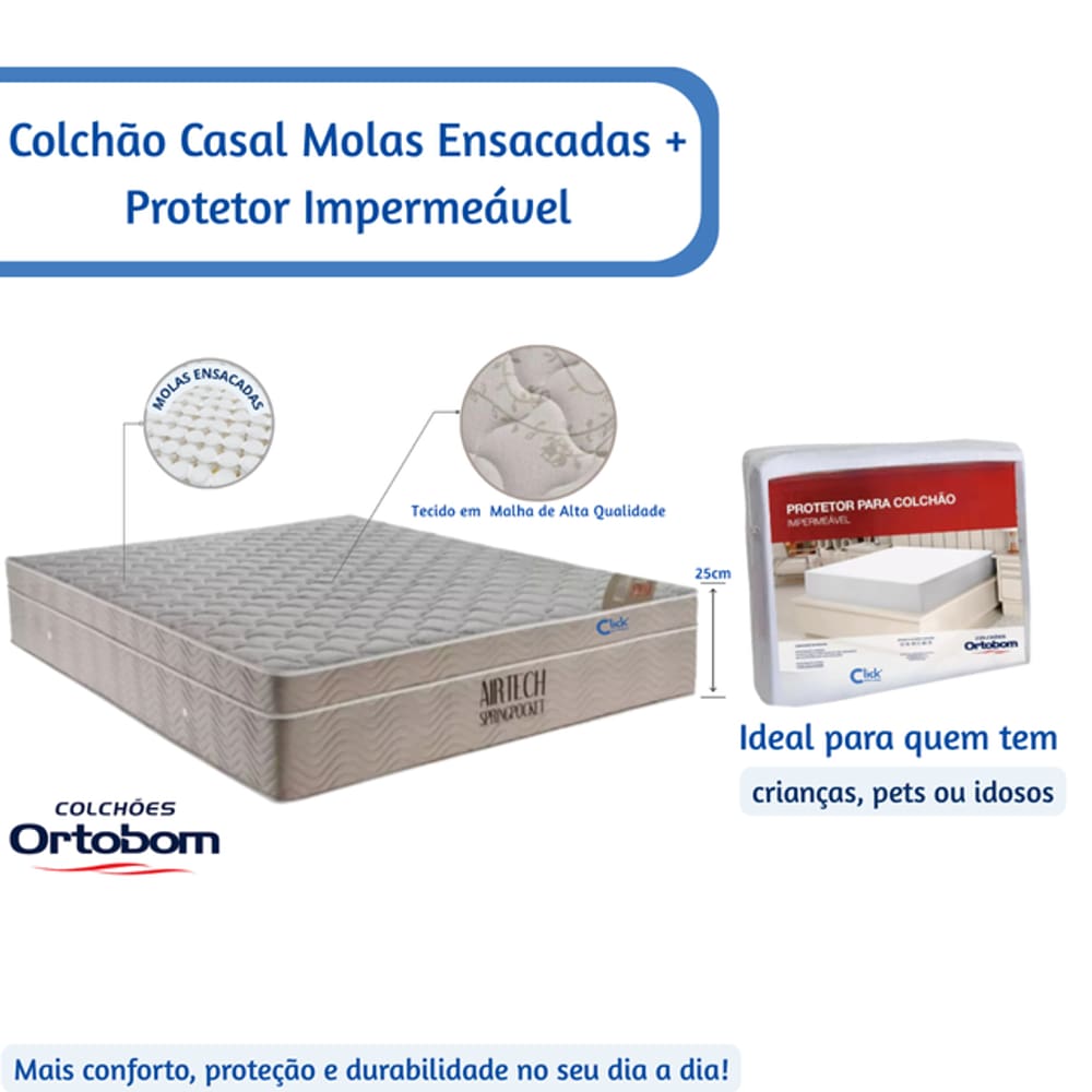 Colchão Ortobom Casal Molas Ensacadas 138x188x25 + Capa Protetora Impermeável Antialérgica
