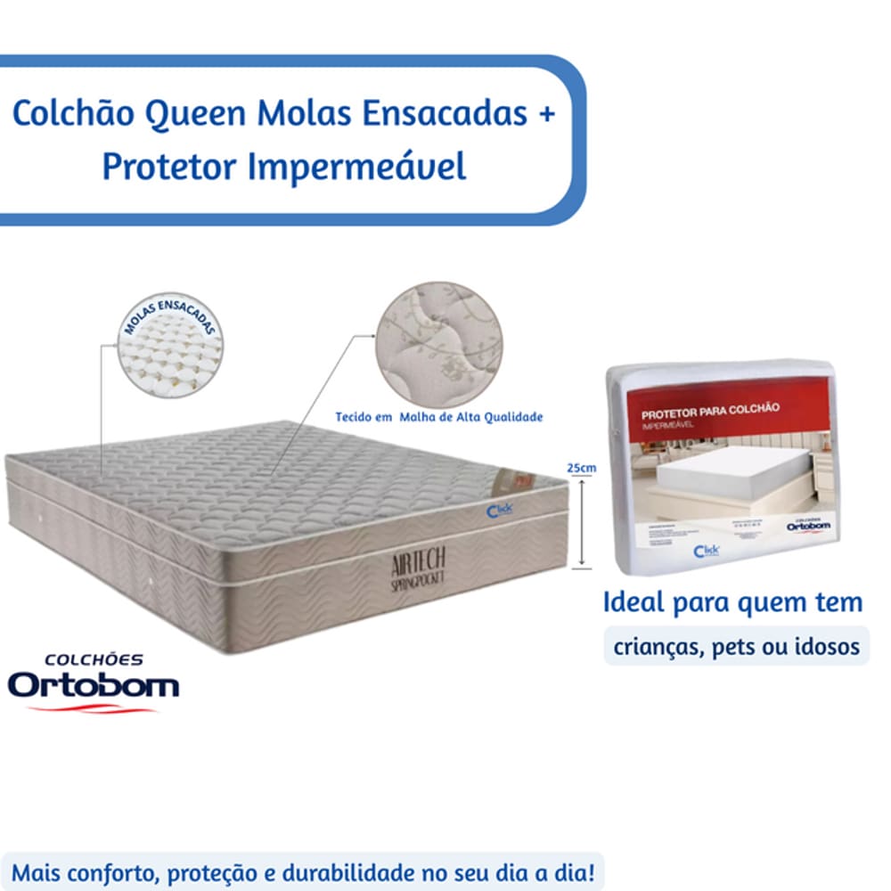 Colchão Ortobom Queen Molas Ensacadas 158x198x25 + Capa Protetora Impermeável  Antialérgica