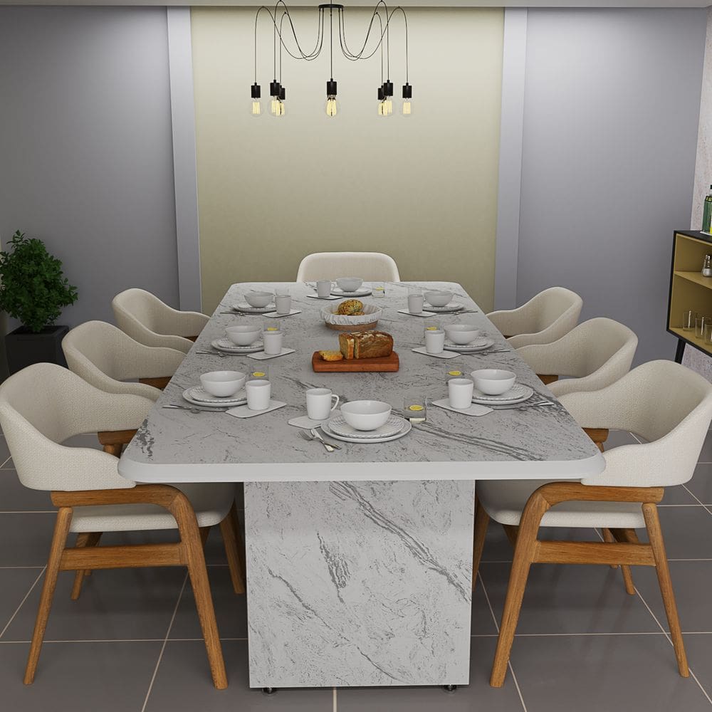 Mesa De Jantar Grande 220cm Estampa Marmorizada 8 Lugares Refeições em família Retangular  Sala de Estar Cozinha