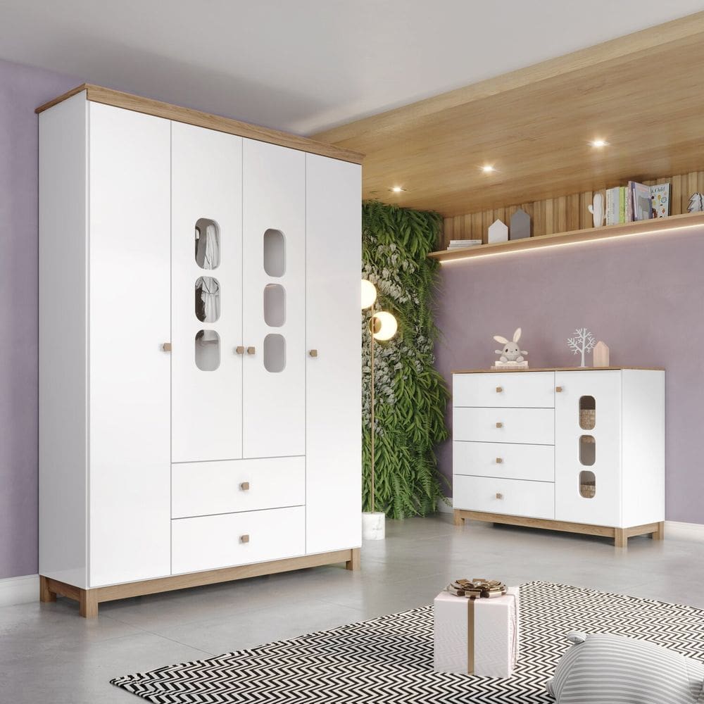 Conjunto Quarto de Bebê Roupeiro e Cômoda Aconchego Branco/Jequitibá