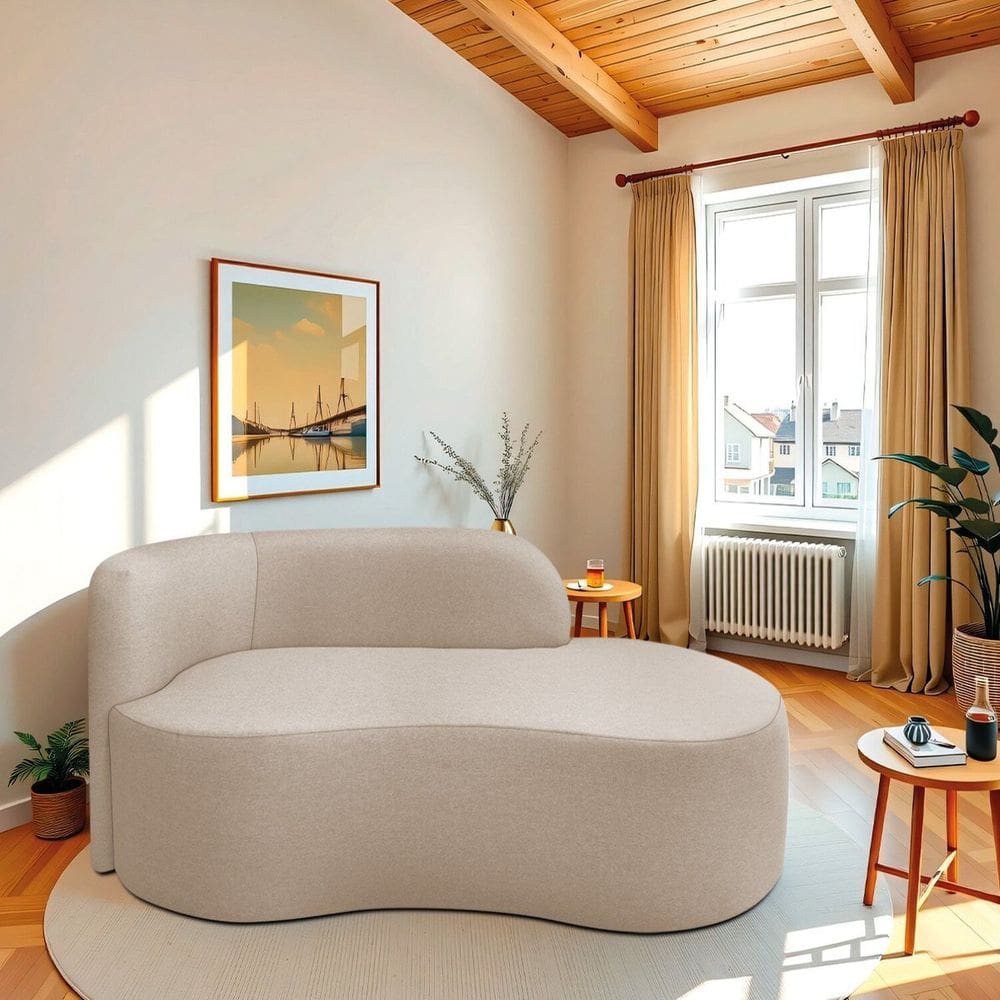 Recamier Curvo Orgânico 200cm 3 Lugares Lado Direito para Sala ou Quarto Linho Japão Bege