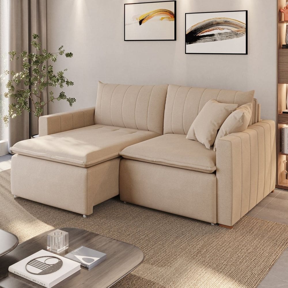 Sofá Cama em Madeira Eucalipto e Linho 230cm Uruguai Bege