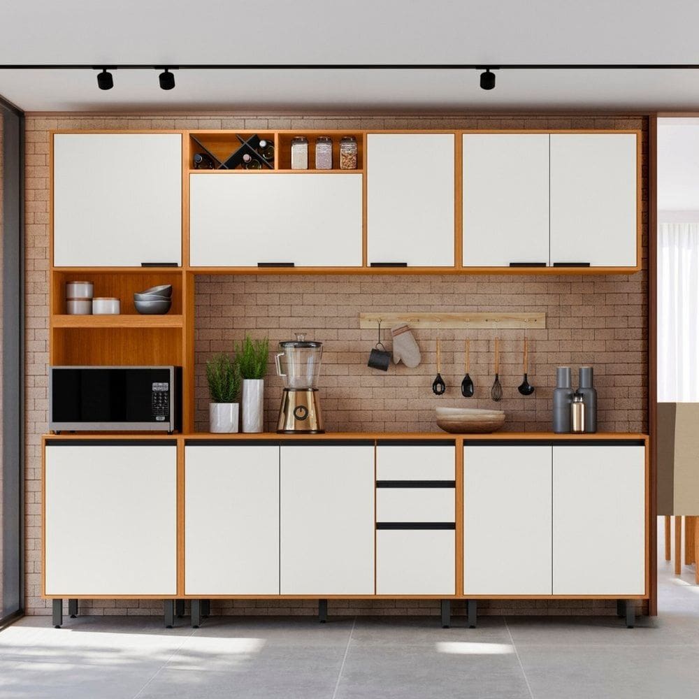 Cozinha Modulada Completa 5 Peças 11 Portas 2 Gavetas com Paneleiro Duplo Ravena Freijó/Off White Acetinado