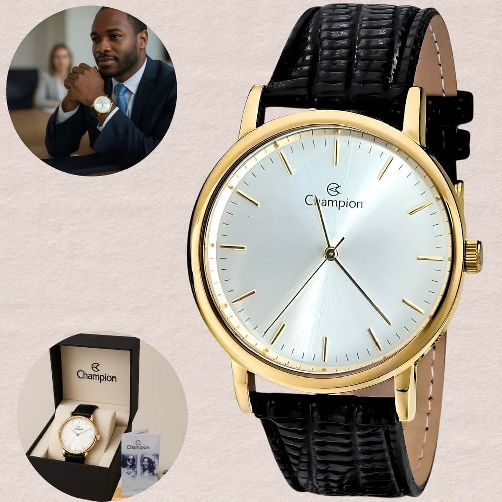 Relógio Champion Masculino Social Caixa Dourada Mostrador Prata Pulseira Couro Preto Analógico Quartzo Prova D`água 50 Metros CN20042B