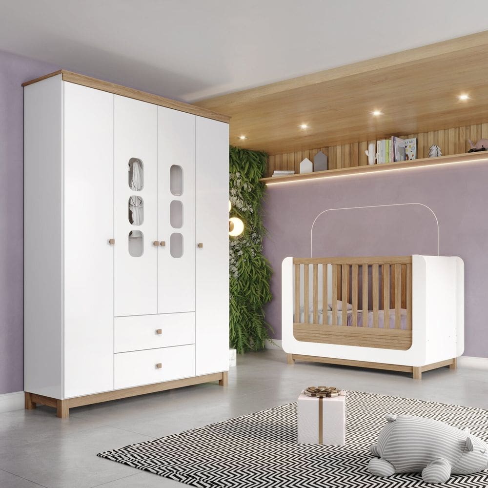 Conjunto Quarto de Bebê Berço e Roupeiro Aconchego Branco/Jequitibá