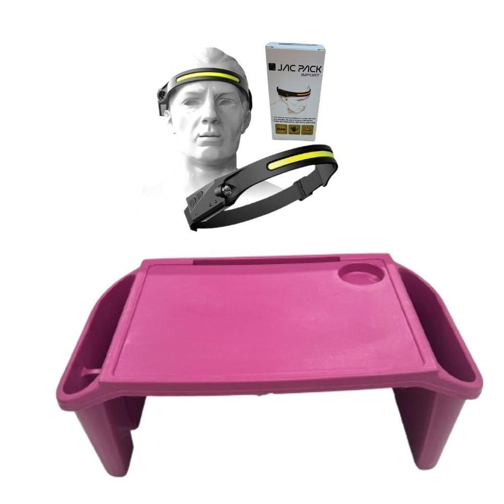 Bandeja Mesa Colo Apoio Comer Refeição Cama Suporte Notebook + Luminária Led Rosa