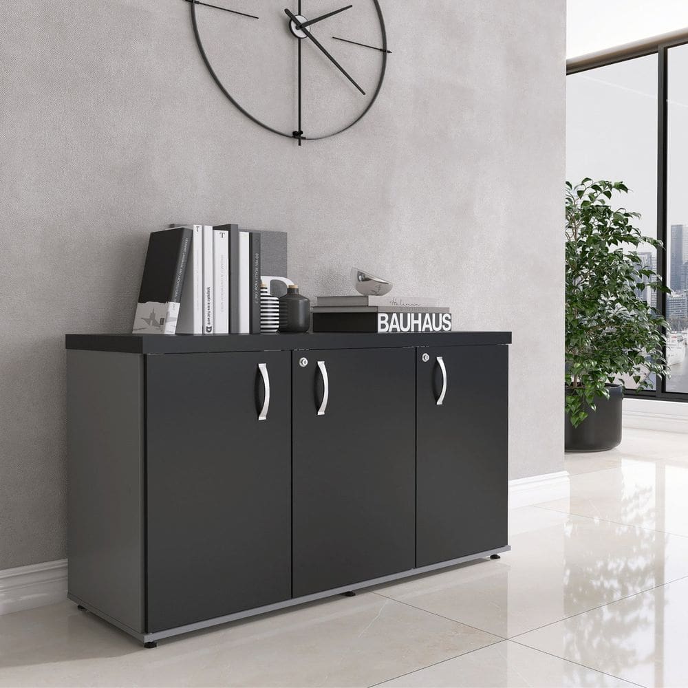 Armário 3 Portas Pivotante Credenza Grafito/Preto