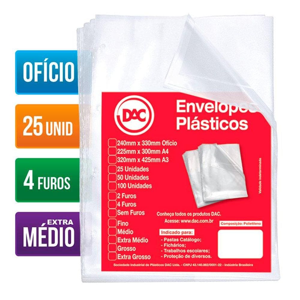 Envelope plástico ofício 0.12 4 furos 5178 Pct 25 unid Dac