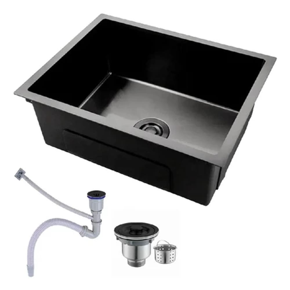 Cuba Pia Inox Preta Quadrada Cozinha Gourmet 60x45cm com Acessórios