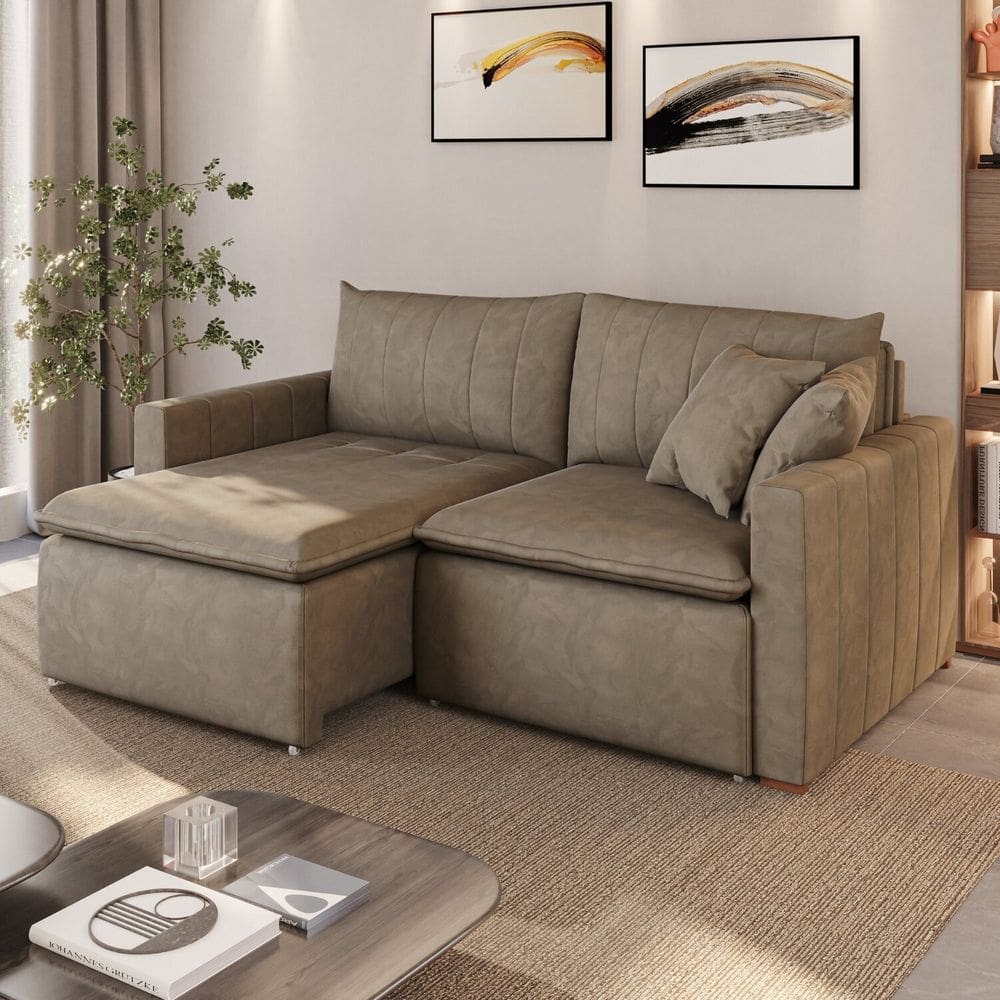 Sofá Cama em Madeira Eucalipto e Veludo 230cm Uruguai Bege