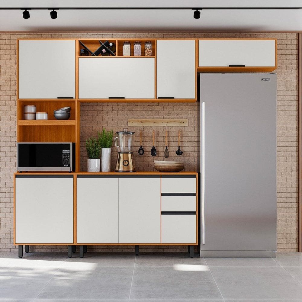 Cozinha Modulada Completa 4 Peças 8 Portas 2 Gavetas com Paneleiro Duplo Ravena Freijó/Off White Acetinado