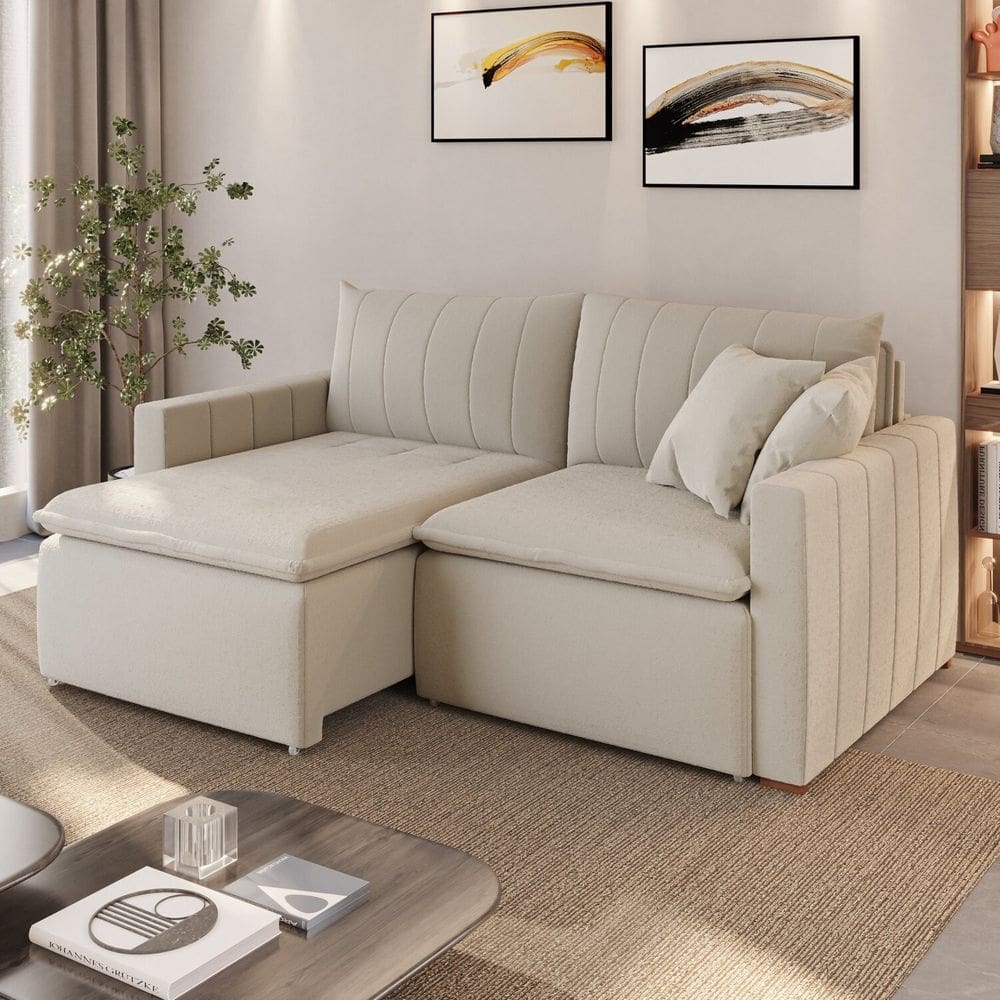 Sofá Cama em Madeira Eucalipto e Bouclê 230cm Uruguai Cru