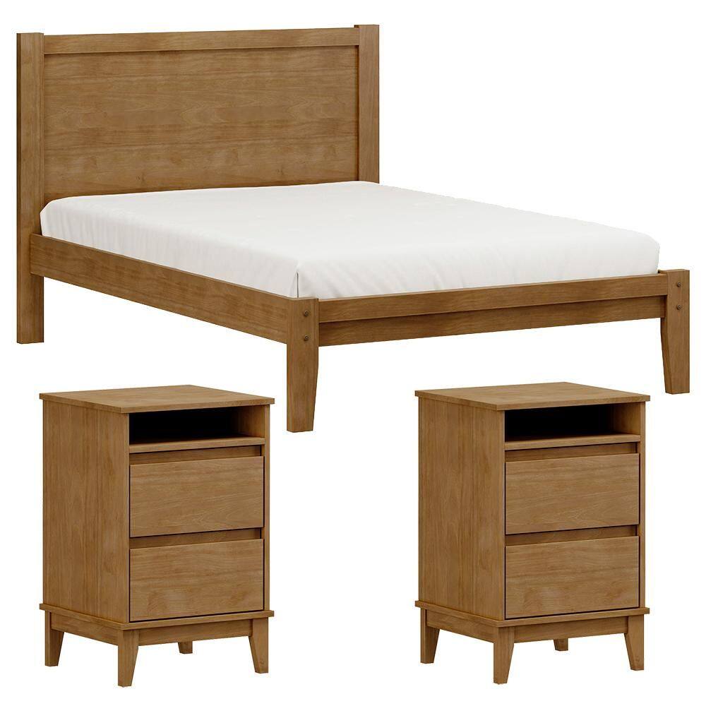 Cama Casal Madeira Maciça 02 Mesas de Cabeceira Milani Store