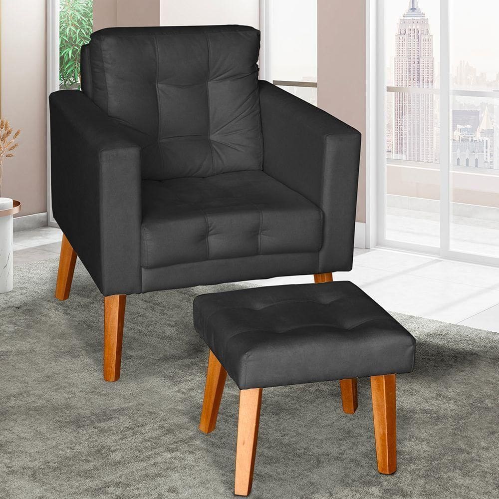 Poltrona Cadeira Com Puff Glamour Dubai Com Pés Em Madeira preto