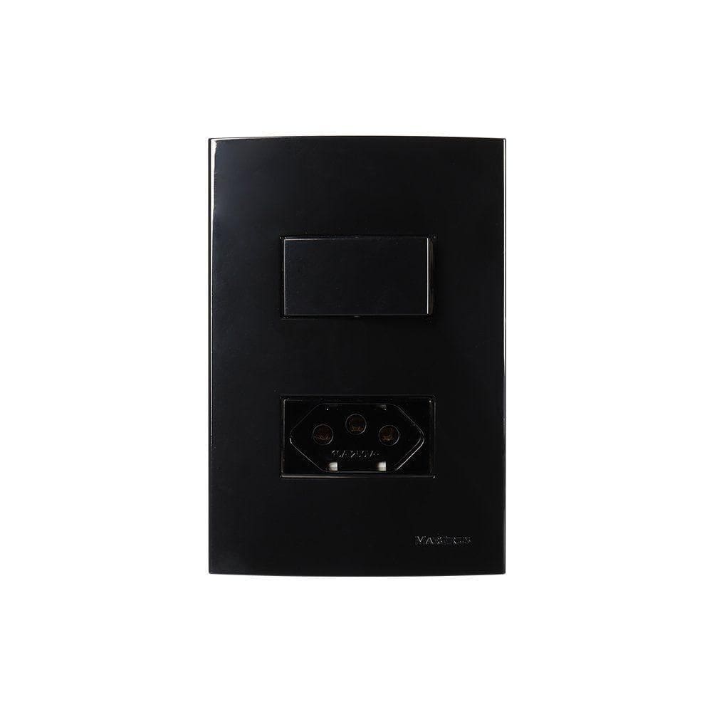 Interruptor Simples 10a E Tomada 2p+t 10a Margirius Sleek Com Placa 4x2 Preto Ebony Preto