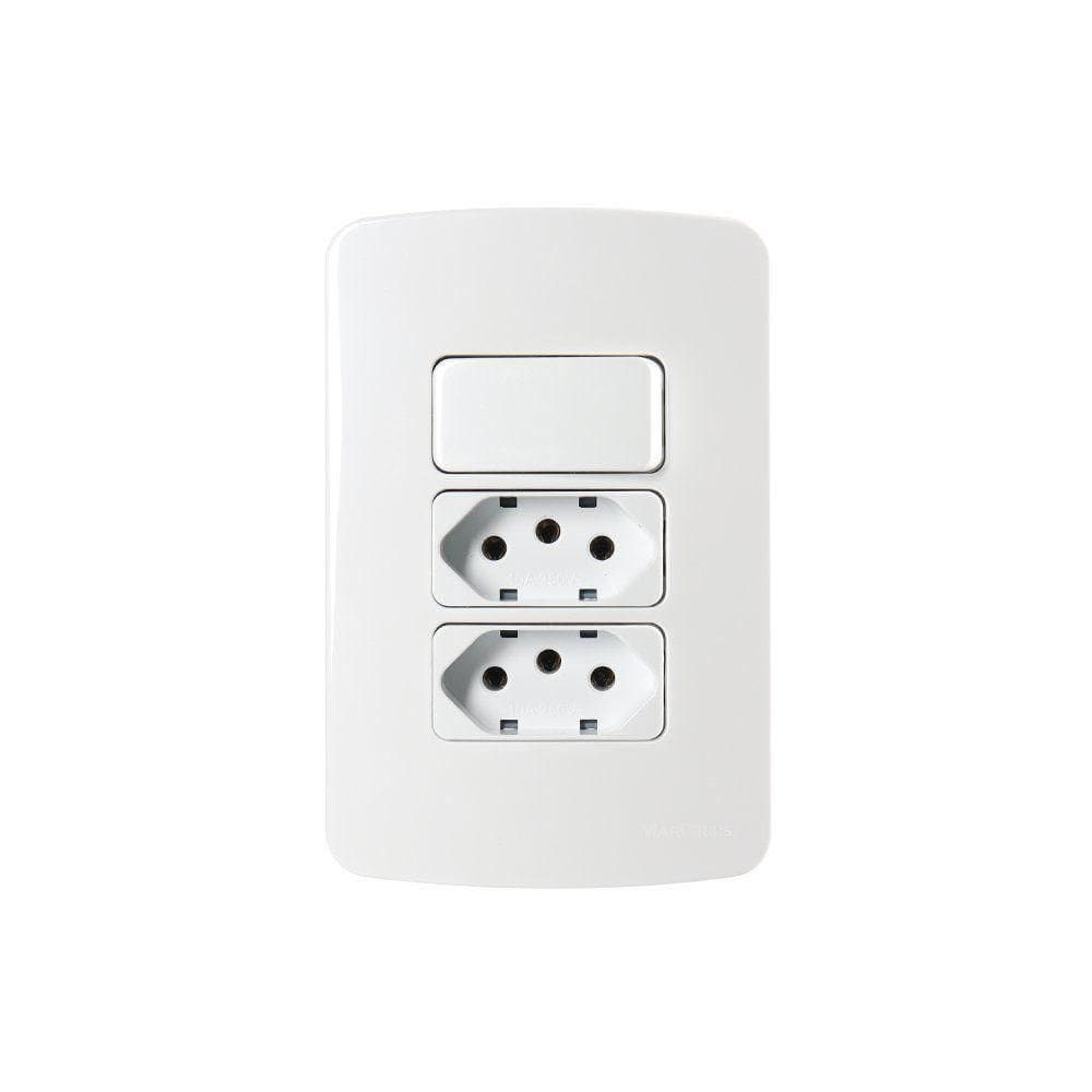 Interruptor Simples 10a E Tomada Dupla 2p+t 10a Margirius B3 Com Placa 4x2 Branco Branco