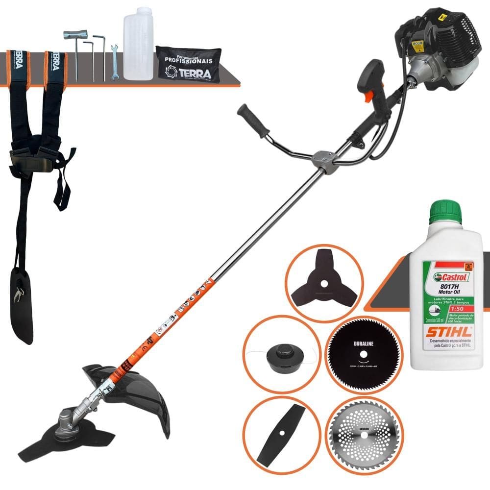 Aparador de Grama Profissional À Gasolina Terra GRH430 43cc 1,7HP 6.500rpm Roçadeira Multifuncional Lateral Com 6 Opões de Cortes + ÓLEO STIHL 2T