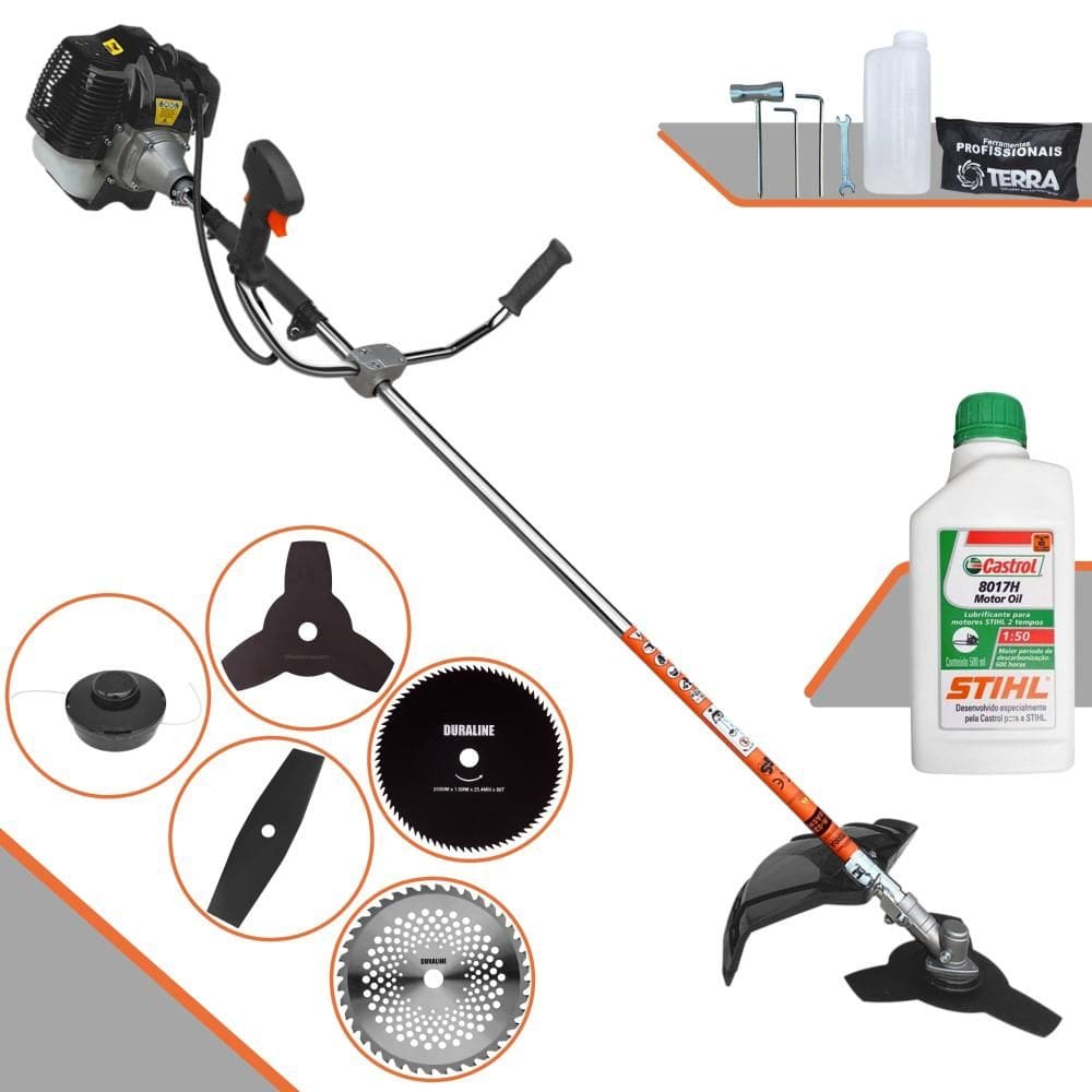 Roçadeira Podador de Grama Terra GRH-430 À Gasolina 43cc 1,7HP Com 6 Opções de Cortes, Carretel de Nylon + Kit 4 Facas + Escova de Aço + ÓLEO STIHL 2T