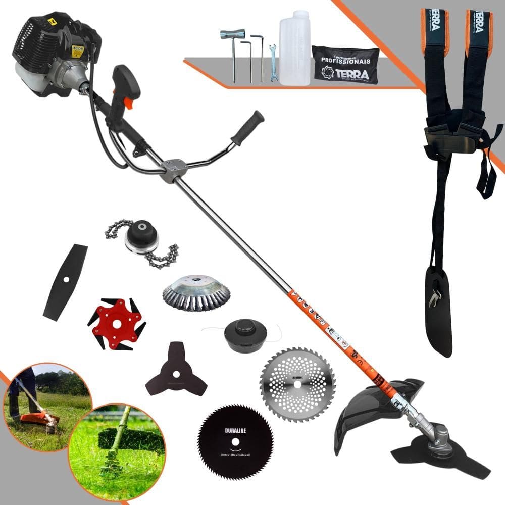Aparador de Grama Terra GRH430 43cc 1,7HP Com Carretel + Facas 2 Pontas, 3 Pontas, 6 Pontas, 40 Dentes de Vídea, 80 Dentes, Trimmer e Escova de Aço