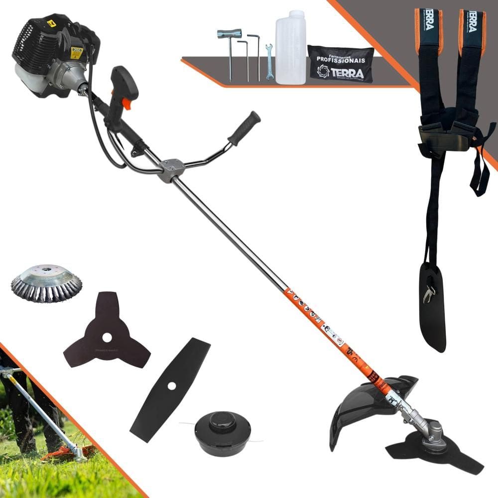 Roçadeira Multifunções Terra GRH430 À Gasolina 43cc 1,7HP 4 Opções de Corte Com Lâmina Facão, Lâmina 3 Pontas, Escova de Aço e Carretel de Nylon