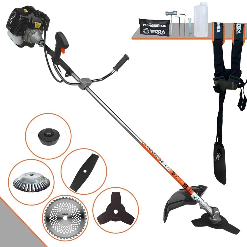 Roçadeira Aparador de Grama À Gasolina GRH430 43cc 1,7HP Com Carretel e Faca 2 Pontas + Faca 3 Pontas, Faca 40 Dentes de Vídea e Disco Escova de Aço