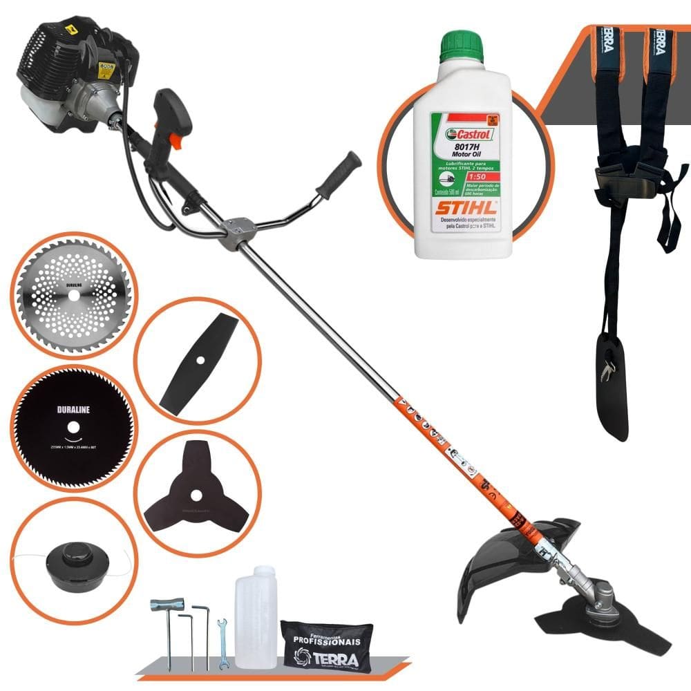 Roçadeira Robusta Terra GRH430 À Gasolina 1,7HP 43cc Com Carretel, Faca 2 Pontas, Faca 3 Pontas, Faca 40 Dentes Vídea, Faca 80 Dentes + ÓLEO STIHL 2T