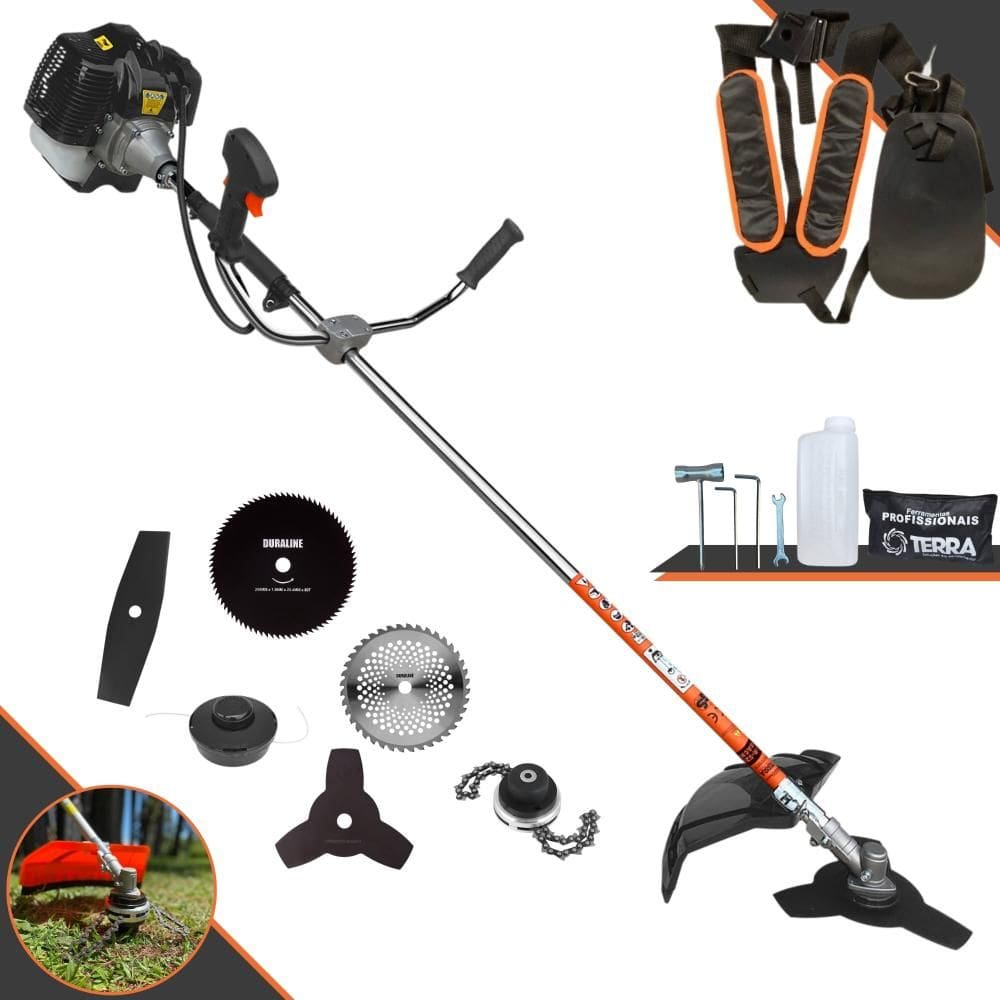 Roçadeira Robusta Terra GRH430 À Gasolina 2T 43cc 1,7HP 6 Opções de Corte Com Facas 2 Pontas, 3 Pontas, 40 Dentes, 80 Dentes, Trimmer e Carretel Nylon
