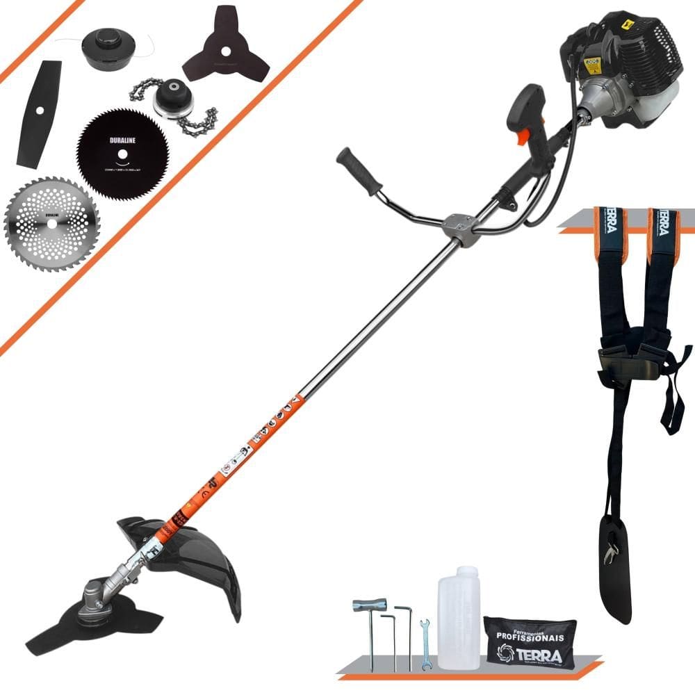 Aparador de Grama Completo Terra GRH-430 À Gasolina Motor 2T 43cc 6.500rpm 1,7HP de Potência Com Kit 4 Lâminas de Corte, Trimmer e Carretel de Nylon
