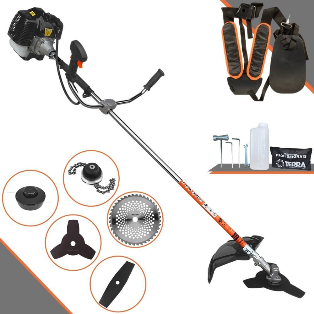 Roçadeira À Gasolina Terra GRH-430 43cc 1,7HP 6.500rpm Alta Performance Com Cabeçote de Nylon + Facas 2 Pontas, 3 Pontas, 40 Dentes Vídea e Trimmer