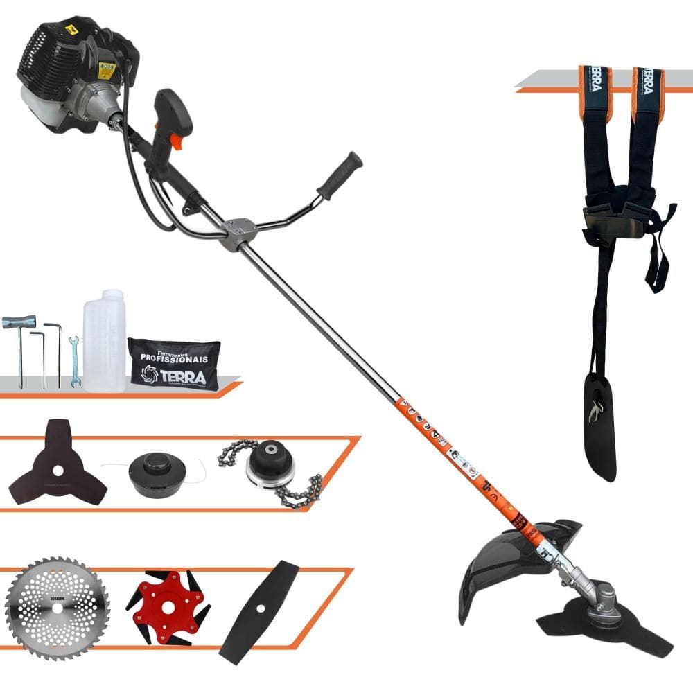 Roçadeira À Gasolina Terra GRH430 43cc 1,7HP Alta Rotação Com Cabeçote de Nylon + Facas 2 Pontas, 3 Pontas, 6 Pontas, 40 Dentes de Vídea e Trimmer
