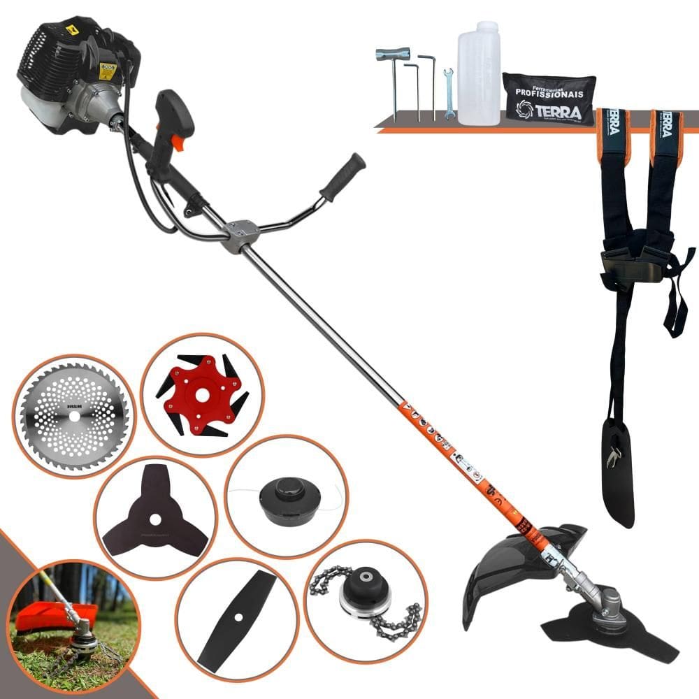 Roçadeira Profissional Completa Terra GRH-430 À Gasolina 2 Tempos 43cc 1,7HP de Potência Alta Rotação Com Carretel de Nylon + Kit 5 Lâminas de Cortes