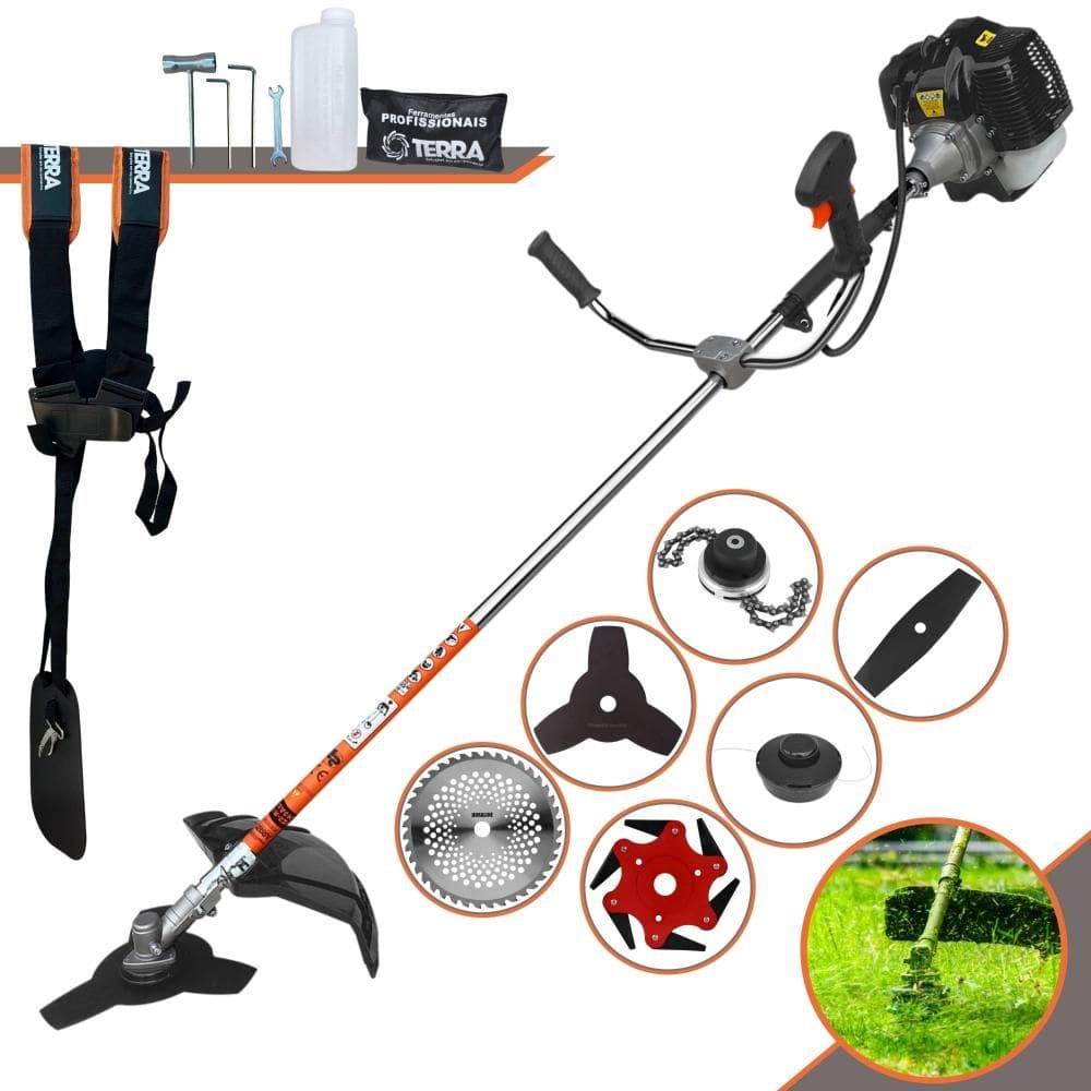 Roçadeira Robusta Terra GRH430 À Gasolina 43cc 1,7HP Alta Rotação Para Todos os Tipos de Trabalho Com Carretel de Nylon + Kit de 5 Lâminas de Cortes