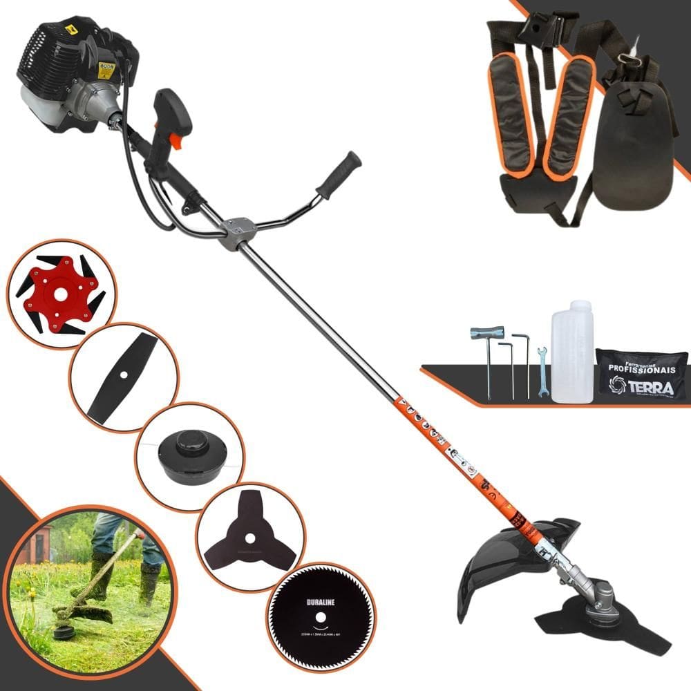 Roçadeira Robusta Terra GRH-430 À Gasolina 2 Tempos 43cc 6.500rpm 1,7HP Completa 5 Opções de Corte Com Facas 2 Pontas, 3 Pontas, 6 Pontas e 80 Dentes