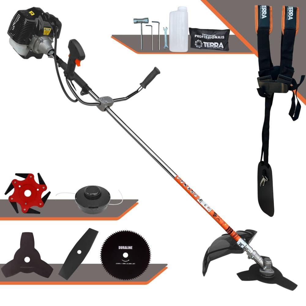 Roçadeira Cortador de Grama Terra GRH430 À Gasolina 2T 43cc 1,7HP Com Carretel Nylon + Faca 2 Pontas + Faca 3 Pontas + Faca 6 Pontas e Faca 80 Dentes