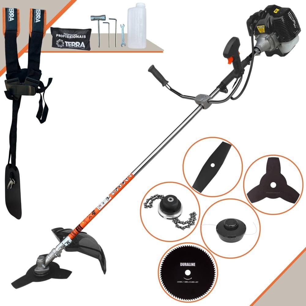 Roçadeira Lateral GRH-430 Terra À Gasolina 43cc 1,7HP Alta Rotação 5 Em 1 Com Carretel + Faca 2 Pontas + Faca 3 Pontas + Faca 80 Dentes + Trimmer