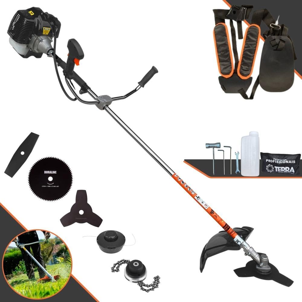 Roçadeira À Gasolina GRH-430 2T 43cc 1,7HP de Alta Performance Completa Com Carretel e Faca 3 Pontas + EXTRA Faca 2 Pontas, Faca 80 Dentes e Trimmer