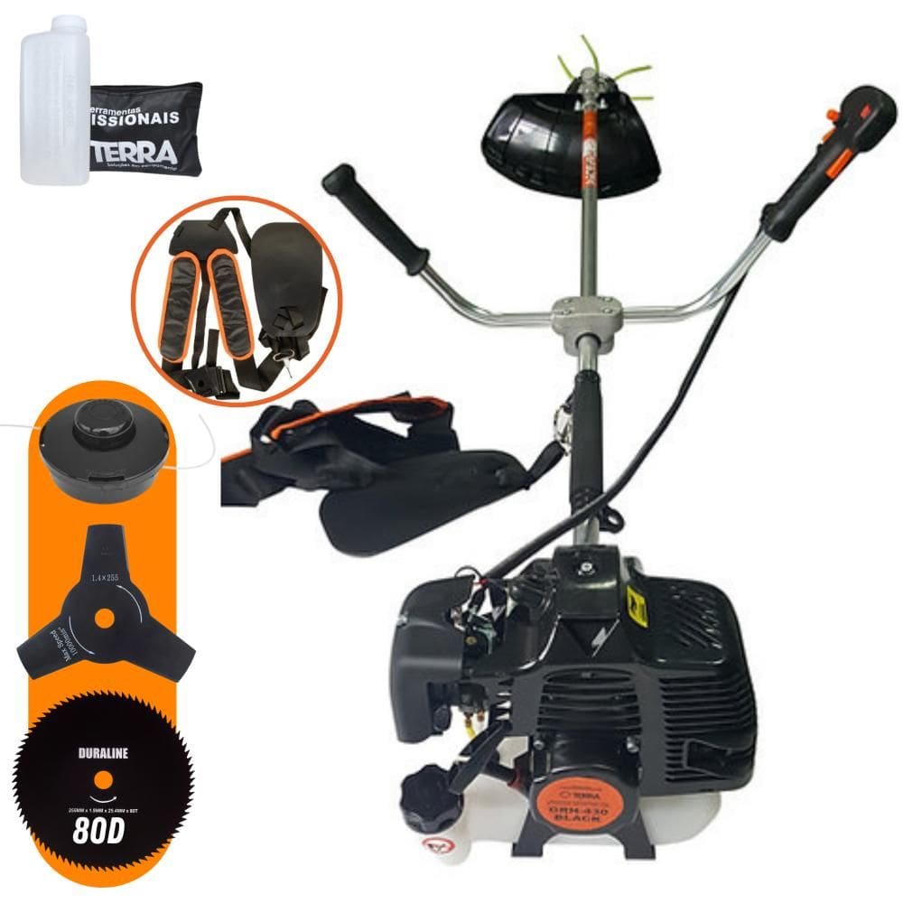 Roçadeira Lateral Terra GRH430 À Gasolina 2 Tempos 43cc 1,7HP 6.500rpm 3 Opções de Corte Com Lâmina 3 Pontas + Lâmina 80 Dentes + Carretel de Nylon