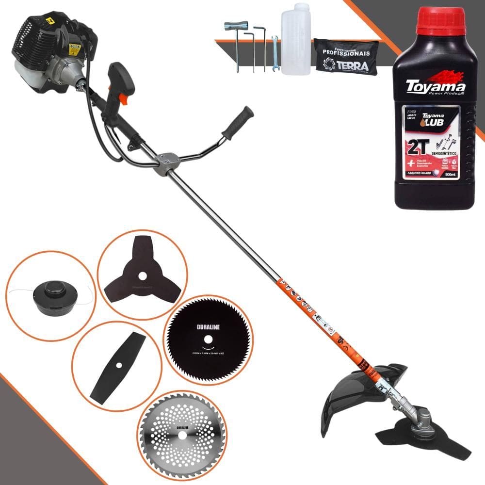 Roçadeira Terra GRH-430 43cc 1,7HP Com Carretel de Nylon + Lâmina Facão + Lâmina 3 Pontas + Lâmina 40 Dentes Vídea + Lâmina 80 Dentes + ÓLEO TOYAMA 2T