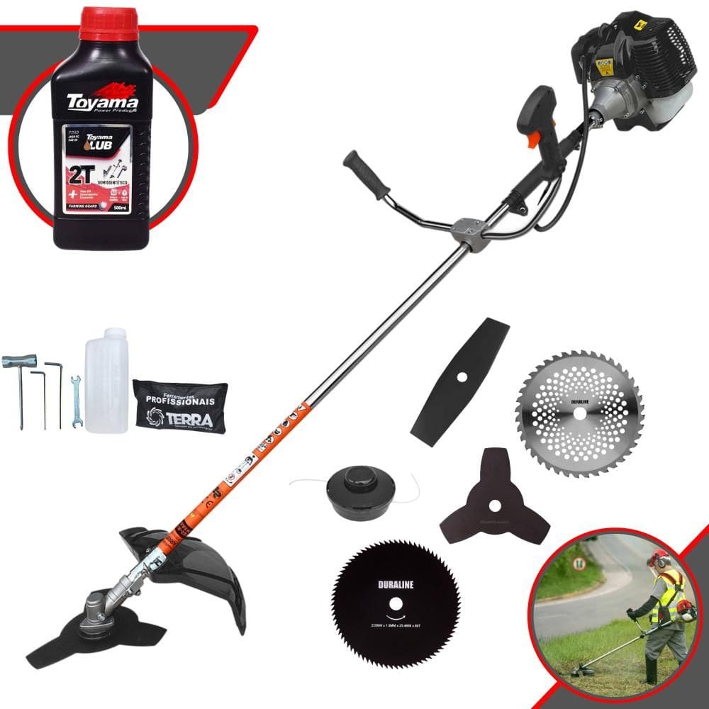 Roçadeira Multifuncional Terra GRH-430 À Gasolina 43cc 1,7HP 6.500rpm Com Carretel de Nylon + Kit 4 Lâminas de Corte + ÓLEO TOYAMA FG50 2 Tempos