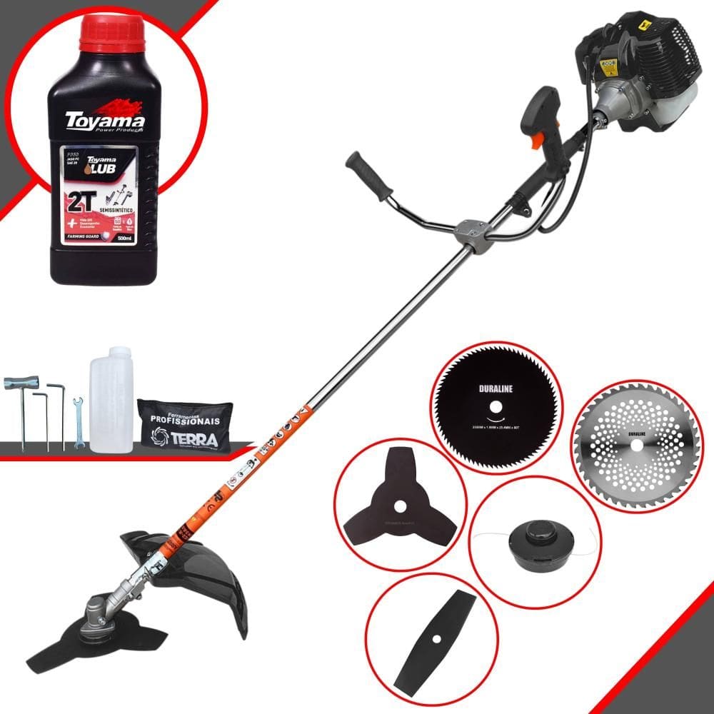 Roçadeira Terra KW43 À Gasolina 43cc 1,7HP Com Faca 2 Pontas + Faca 3 Pontas + Faca 40 Dentes + Faca 80 Dentes + Carretel de Nylon + ÓLEO TOYAMA 2T