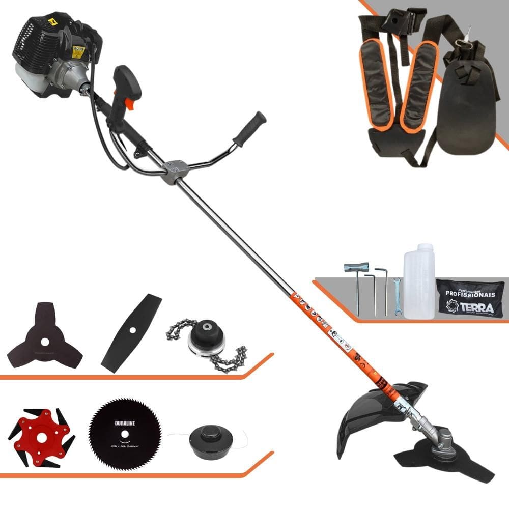 Roçadeira Multifunções Terra GRH430 À Gasolina 2T 43cc 6.500rpm 1,7HP 6 Opções de Corte Com Facas 2 Pontas, 3 Pontas, 6 Pontas, 80 Dentes e Trimmer
