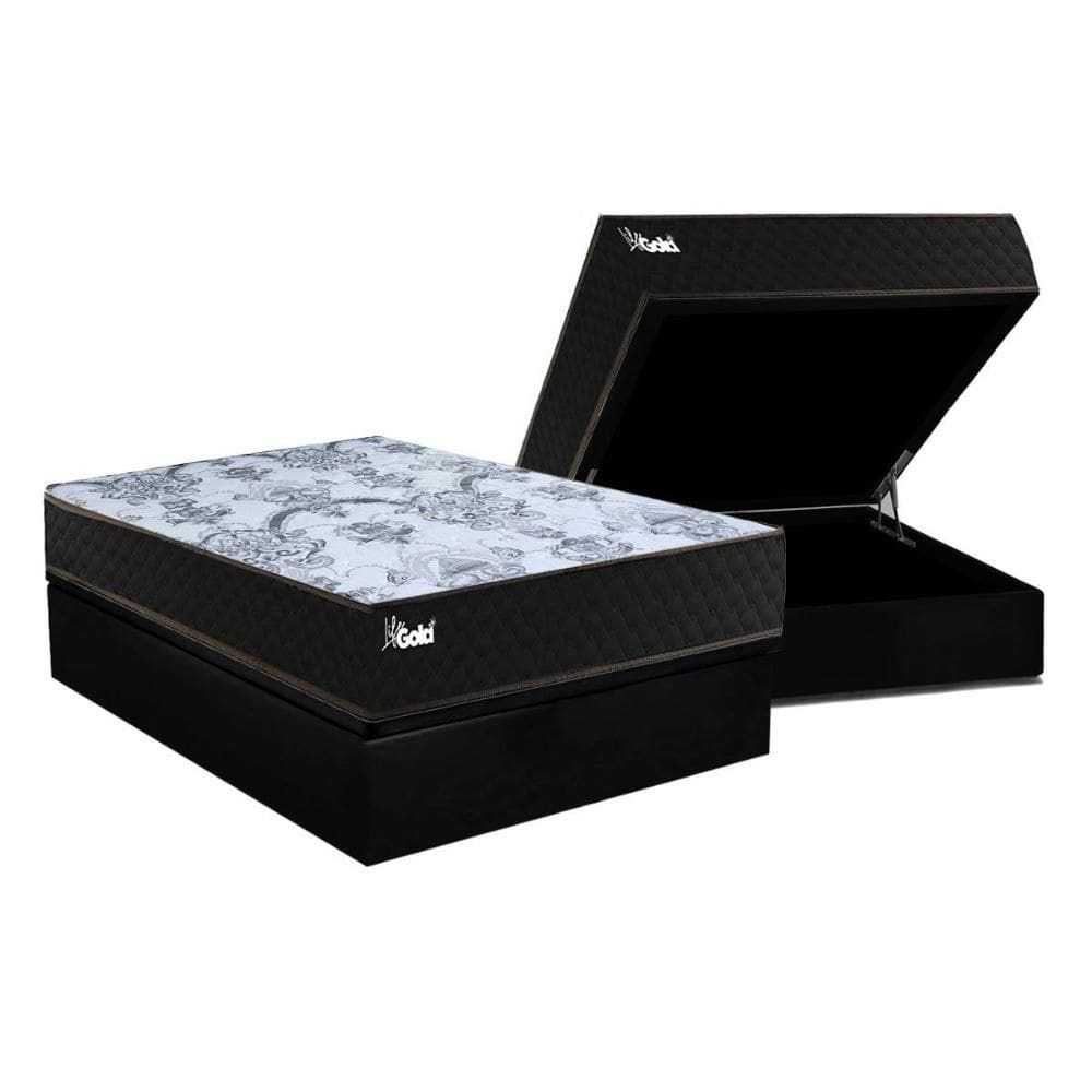Cama Box Baú Casal: Colchão Molas Molas Ensacadas Ensacadas Paropas Life Gold + Base CRC Suede Black (138x188)